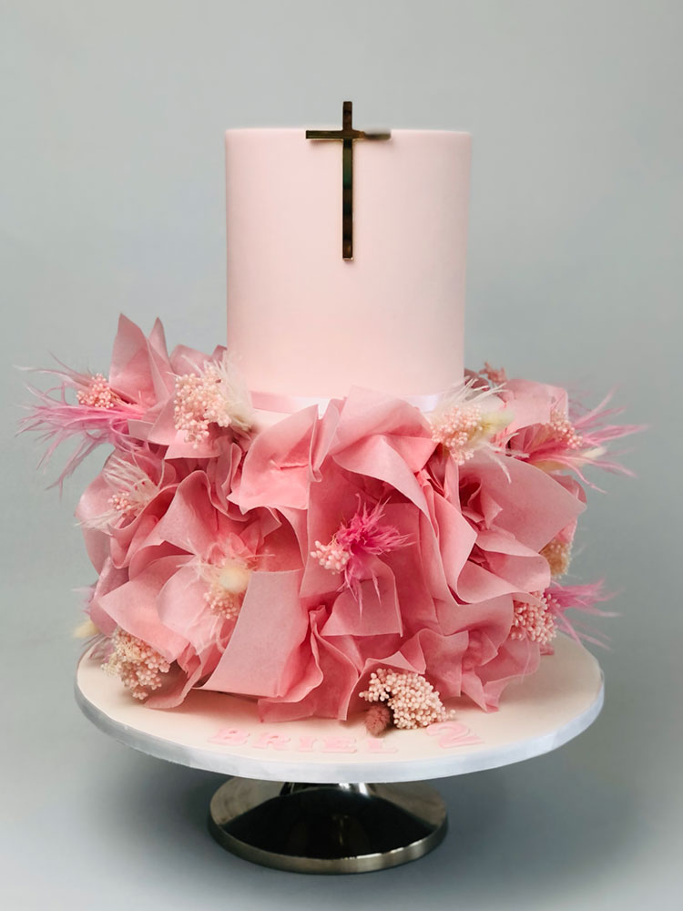 Pink Ruffle & Gold Cross cake